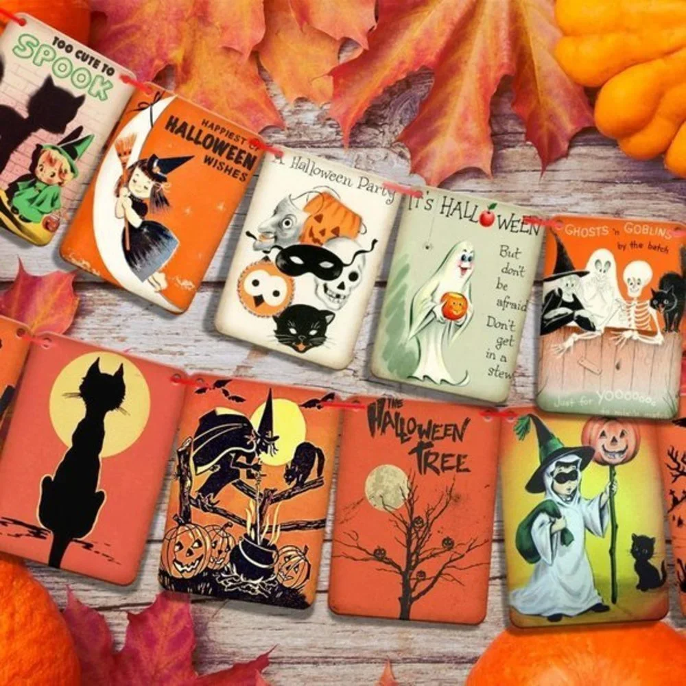 Halloween Pumpkin Flag Victorian Style Cats Witch Ghost Party Garland Decoration